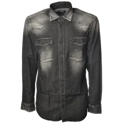 Dondup Shirts-- Texan Model Shirt Made of Washed Denim - Black/Denim - Shirt - Luxury Exclusive Collection - Avvenice