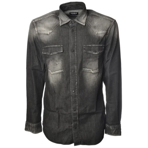 Dondup Shirts-- Texan Model Shirt Made of Washed Denim - Black/Denim - Shirt - Luxury Exclusive Collection - Avvenice