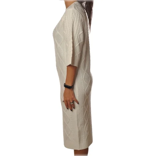 Elisabetta Franchi Dresses-- 3/4 Long Sleeve Crew-Neck - Butter - Dress - Made in Italy - Luxury Exclusive Collection - Avvenice