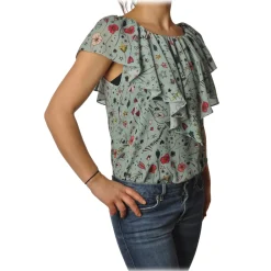 Elisabetta Franchi Shirts-- Blouse Multicolor Pattern - Aquamarine - Shirt - Made in Italy - Luxury Exclusive Collection - Avvenice