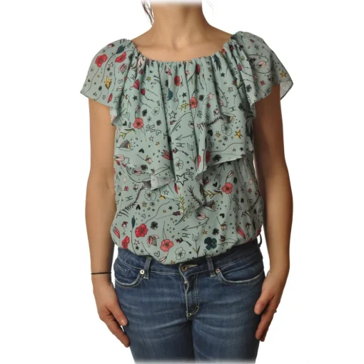 Elisabetta Franchi Shirts-- Blouse Multicolor Pattern - Aquamarine - Shirt - Made in Italy - Luxury Exclusive Collection - Avvenice