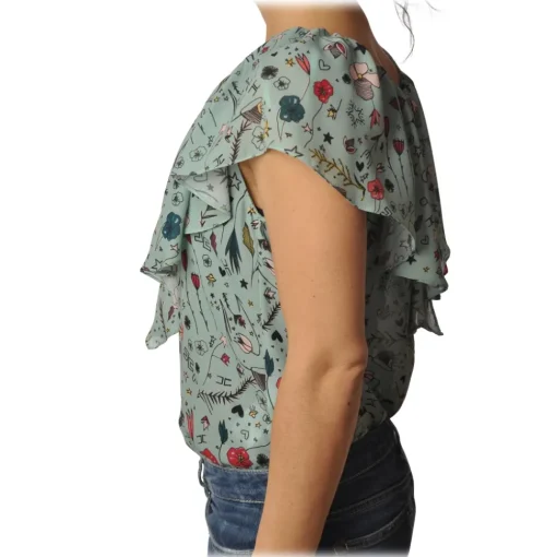 Elisabetta Franchi Shirts-- Blouse Multicolor Pattern - Aquamarine - Shirt - Made in Italy - Luxury Exclusive Collection - Avvenice