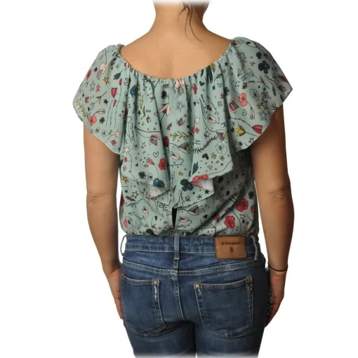 Elisabetta Franchi Shirts-- Blouse Multicolor Pattern - Aquamarine - Shirt - Made in Italy - Luxury Exclusive Collection - Avvenice