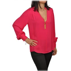 Elisabetta Franchi Shirts-- Blouse with Gold Chain Detail - Fuchsia - Shirt - Made in Italy - Luxury Exclusive Collection - Avvenice
