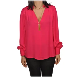 Elisabetta Franchi Shirts-- Blouse with Gold Chain Detail - Fuchsia - Shirt - Made in Italy - Luxury Exclusive Collection - Avvenice