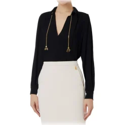 Elisabetta Franchi Shirts-- Blouse with Chain Detail - Black - Shirt - Made in Italy - Luxury Exclusive Collection - Avvenice