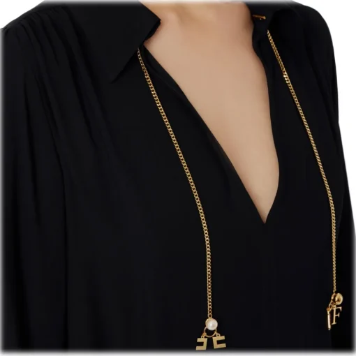 Elisabetta Franchi Shirts-- Blouse with Chain Detail - Black - Shirt - Made in Italy - Luxury Exclusive Collection - Avvenice