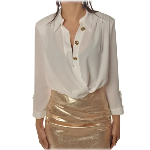 Elisabetta Franchi Shirts-- Body with Long Sleeve - White - Shirt - Made in Italy - Luxury Exclusive Collection - Avvenice