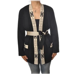 Elisabetta Franchi Knitwears-- Cardigan with Logoed Edges - Black - Pullover - Made in Italy - Luxury Exclusive Collection - Avvenice