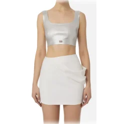 Elisabetta Franchi Tops-- Coated Crop Top - Silver - Top - Made in Italy - Luxury Exclusive Collection - Avvenice
