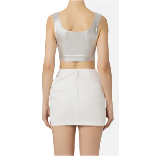 Elisabetta Franchi Tops-- Coated Crop Top - Silver - Top - Made in Italy - Luxury Exclusive Collection - Avvenice