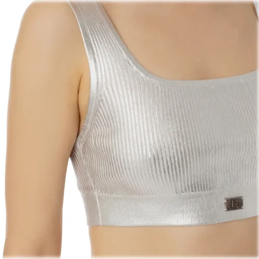 Elisabetta Franchi Tops-- Coated Crop Top - Silver - Top - Made in Italy - Luxury Exclusive Collection - Avvenice