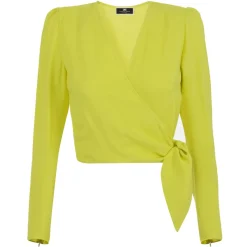 Elisabetta Franchi Shirts-- Crossed Sash Shirt - Yellow - Shirt - Made in Italy - Luxury Exclusive Collection - Avvenice