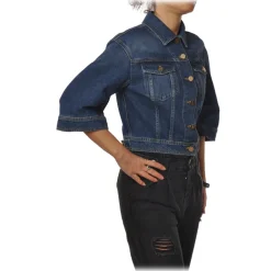 Elisabetta Franchi Jackets-- Denim Jacket with Logo - Blue - Jacket - Made in Italy - Luxury Exclusive Collection - Avvenice