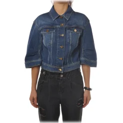 Elisabetta Franchi Jackets-- Denim Jacket with Logo - Blue - Jacket - Made in Italy - Luxury Exclusive Collection - Avvenice