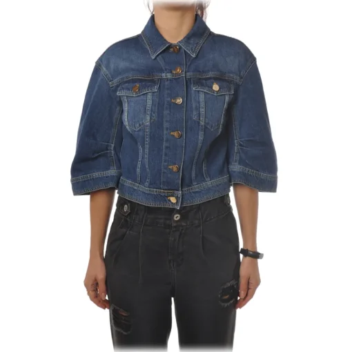 Elisabetta Franchi Jackets-- Denim Jacket with Logo - Blue - Jacket - Made in Italy - Luxury Exclusive Collection - Avvenice