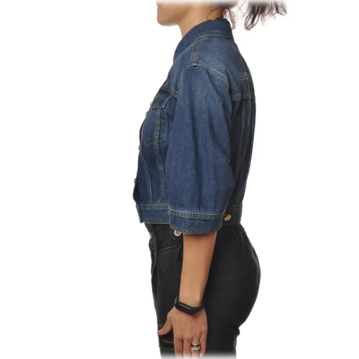 Elisabetta Franchi Jackets-- Denim Jacket with Logo - Blue - Jacket - Made in Italy - Luxury Exclusive Collection - Avvenice