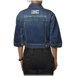 Elisabetta Franchi Jackets-- Denim Jacket with Logo - Blue - Jacket - Made in Italy - Luxury Exclusive Collection - Avvenice