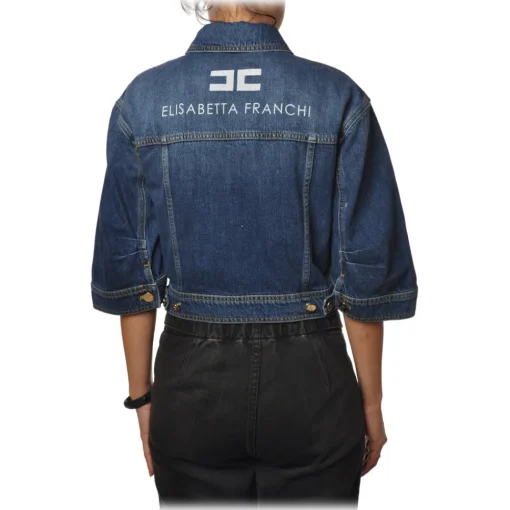 Elisabetta Franchi Jackets-- Denim Jacket with Logo - Blue - Jacket - Made in Italy - Luxury Exclusive Collection - Avvenice