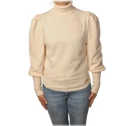 Elisabetta Franchi Knitwears-- High-Neck Sweater in Chenille - Ivory - Pullover - Made in Italy - Luxury Exclusive Collection - Avvenice