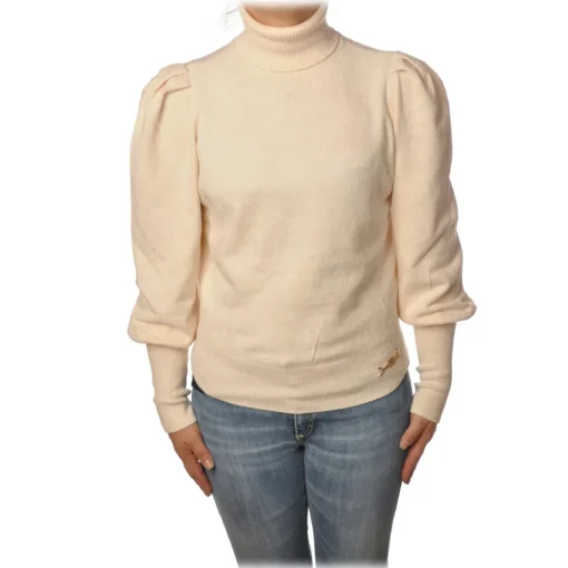 Elisabetta Franchi Knitwears-- High-Neck Sweater in Chenille - Ivory - Pullover - Made in Italy - Luxury Exclusive Collection - Avvenice