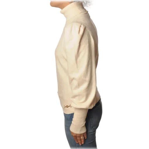 Elisabetta Franchi Knitwears-- High-Neck Sweater in Chenille - Ivory - Pullover - Made in Italy - Luxury Exclusive Collection - Avvenice