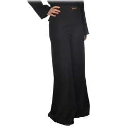 Elisabetta Franchi Trousers-- High-Waisted Model with Wide Leg - Black - Trousers - Made in Italy - Luxury Exclusive Collection - Avvenice