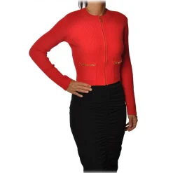 Elisabetta Franchi Jackets-- Jacket with Pockets Finished with Metal - Red - Jacket - Made in Italy - Luxury Exclusive Collection - Avvenice