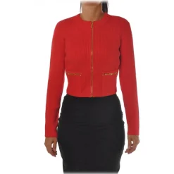 Elisabetta Franchi Jackets-- Jacket with Pockets Finished with Metal - Red - Jacket - Made in Italy - Luxury Exclusive Collection - Avvenice