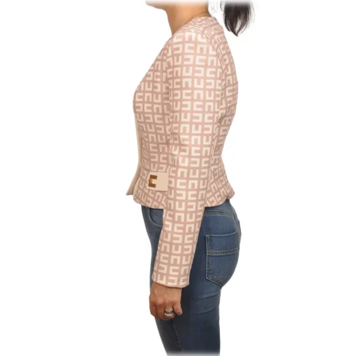 Elisabetta Franchi Jackets-- Jacket in Two-Tone Monogram Pattern - Pink/Cream - Jacket - Made in Italy - Luxury Exclusive Collection - Avvenice