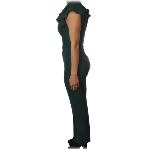 Elisabetta Franchi Jackets|Dresses-- Jumpsuit with Ruffles - Teal - Dress - Made in Italy - Luxury Exclusive Collection - Avvenice