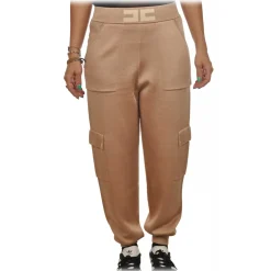Elisabetta Franchi Trousers-- Knit Yarn Trousers with Logo - Beige - Trousers - Made in Italy - Luxury Exclusive Collection - Avvenice