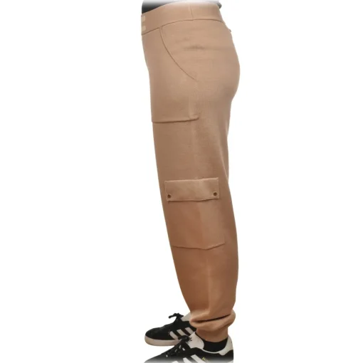 Elisabetta Franchi Trousers-- Knit Yarn Trousers with Logo - Beige - Trousers - Made in Italy - Luxury Exclusive Collection - Avvenice