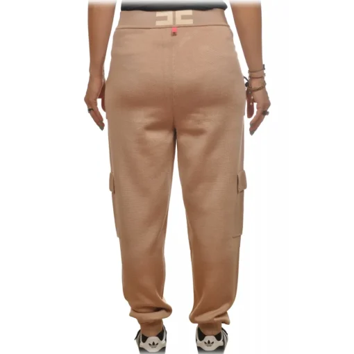 Elisabetta Franchi Trousers-- Knit Yarn Trousers with Logo - Beige - Trousers - Made in Italy - Luxury Exclusive Collection - Avvenice