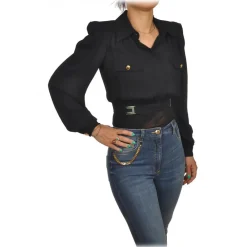 Elisabetta Franchi Shirts-- Lightweight Fabric Shirt with Strap - Black - Shirt - Made in Italy - Luxury Exclusive Collection - Avvenice