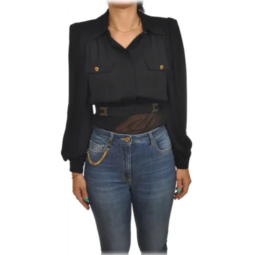 Elisabetta Franchi Shirts-- Lightweight Fabric Shirt with Strap - Black - Shirt - Made in Italy - Luxury Exclusive Collection - Avvenice
