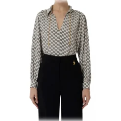 Elisabetta Franchi Shirts-- Logo Blouse with Chain - White/Black - Shirt - Made in Italy - Luxury Exclusive Collection - Avvenice