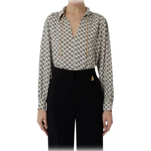 Elisabetta Franchi Shirts-- Logo Blouse with Chain - White/Black - Shirt - Made in Italy - Luxury Exclusive Collection - Avvenice