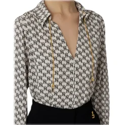 Elisabetta Franchi Shirts-- Logo Blouse with Chain - White/Black - Shirt - Made in Italy - Luxury Exclusive Collection - Avvenice
