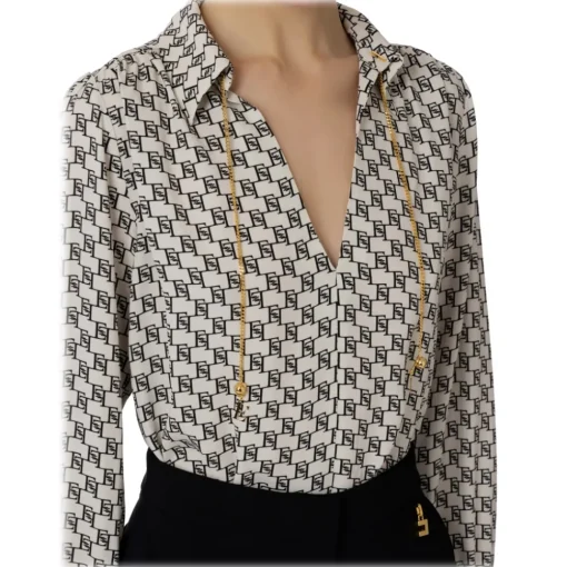 Elisabetta Franchi Shirts-- Logo Blouse with Chain - White/Black - Shirt - Made in Italy - Luxury Exclusive Collection - Avvenice