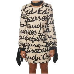 Elisabetta Franchi Dresses-- Logoed Pattern Dress - Butter/Black - Dress - Made in Italy - Luxury Exclusive Collection - Avvenice