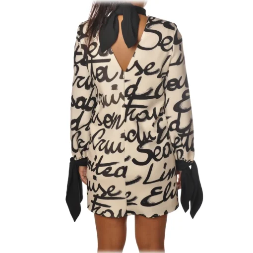 Elisabetta Franchi Dresses-- Logoed Pattern Dress - Butter/Black - Dress - Made in Italy - Luxury Exclusive Collection - Avvenice