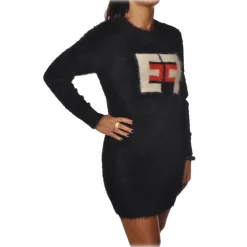 Elisabetta Franchi Dresses-- Long-Sleeved Crew-Neck Mini Dress - Black Lacquer - Dress - Made in Italy - Luxury Exclusive Collection - Avvenice
