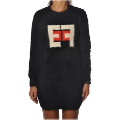 Elisabetta Franchi Dresses-- Long-Sleeved Crew-Neck Mini Dress - Black Lacquer - Dress - Made in Italy - Luxury Exclusive Collection - Avvenice