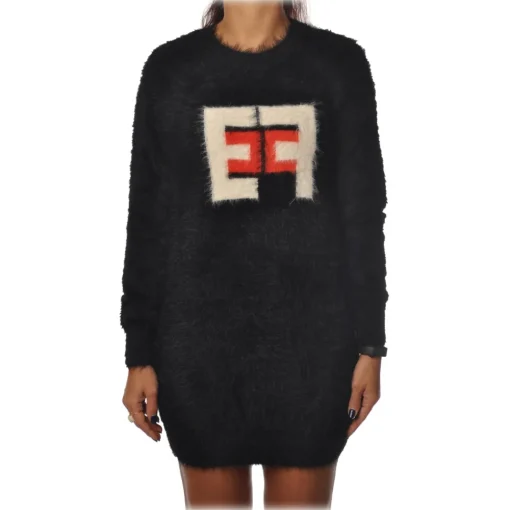 Elisabetta Franchi Dresses-- Long-Sleeved Crew-Neck Mini Dress - Black Lacquer - Dress - Made in Italy - Luxury Exclusive Collection - Avvenice