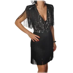 Elisabetta Franchi Jackets|Dresses-- Mini Dress with Fringes - Black - Dress - Made in Italy - Luxury Exclusive Collection - Avvenice
