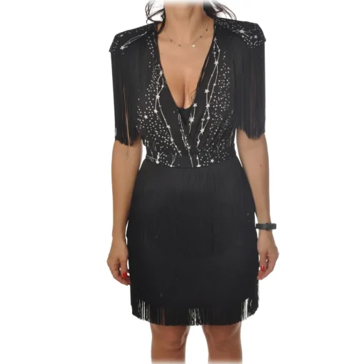 Elisabetta Franchi Jackets|Dresses-- Mini Dress with Fringes - Black - Dress - Made in Italy - Luxury Exclusive Collection - Avvenice