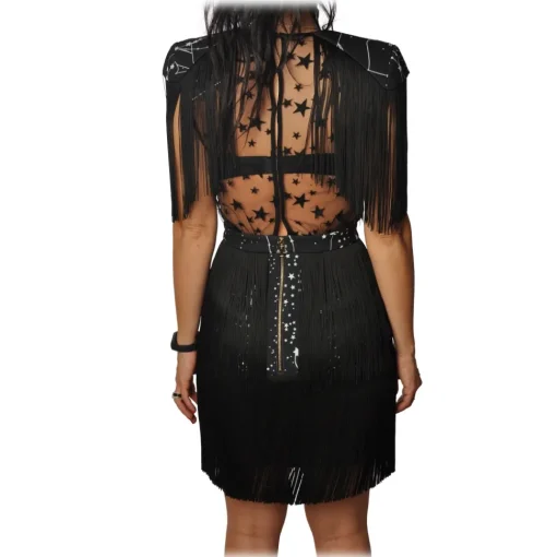 Elisabetta Franchi Jackets|Dresses-- Mini Dress with Fringes - Black - Dress - Made in Italy - Luxury Exclusive Collection - Avvenice
