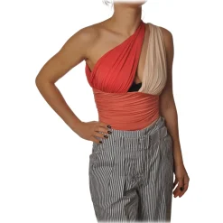 Elisabetta Franchi Tops-- One-Shoulder Body - Orange - Top - Made in Italy - Luxury Exclusive Collection - Avvenice