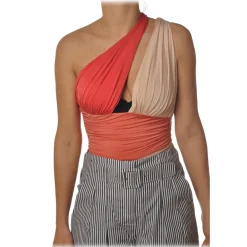 Elisabetta Franchi Tops-- One-Shoulder Body - Orange - Top - Made in Italy - Luxury Exclusive Collection - Avvenice